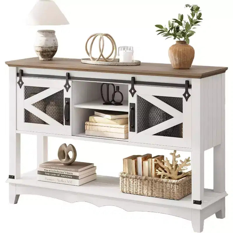 Rustic Farmhouse Console Table with Sliding Barn Doors, Storage Cabinet Entryway Table, Sofa Table for Living Room, Hallway, Modern Rustic Furniture