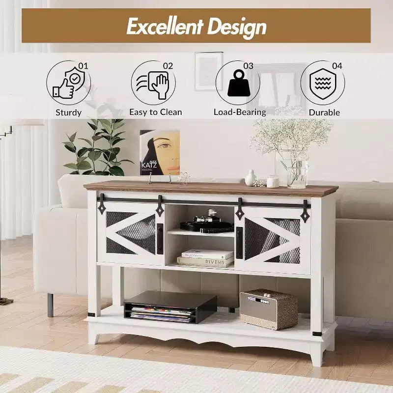 Rustic Farmhouse Console Table with Sliding Barn Doors, Storage Cabinet Entryway Table, Sofa Table for Living Room, Hallway, Modern Rustic Furniture