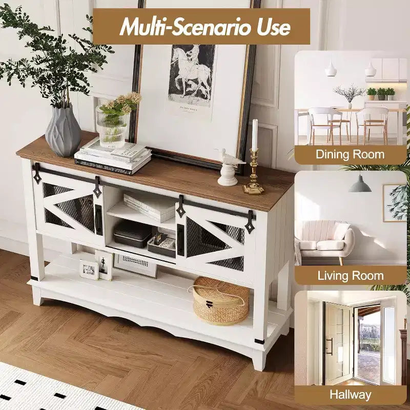 Rustic Farmhouse Console Table with Sliding Barn Doors, Storage Cabinet Entryway Table, Sofa Table for Living Room, Hallway, Modern Rustic Furniture