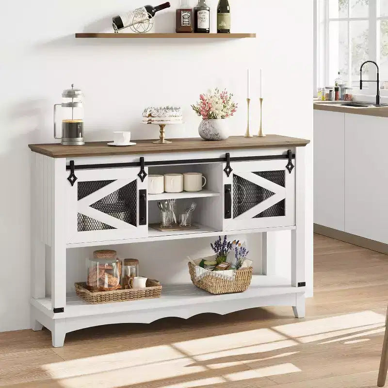 Rustic Farmhouse Console Table with Sliding Barn Doors, Storage Cabinet Entryway Table, Sofa Table for Living Room, Hallway, Modern Rustic Furniture