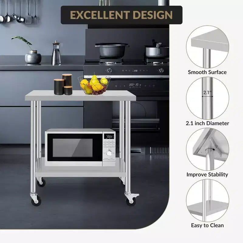 Commercial Stainless Steel Work Table 24x36 Inch Mobile Prep Table with Adjustable Storage Shelf & Locking Wheels