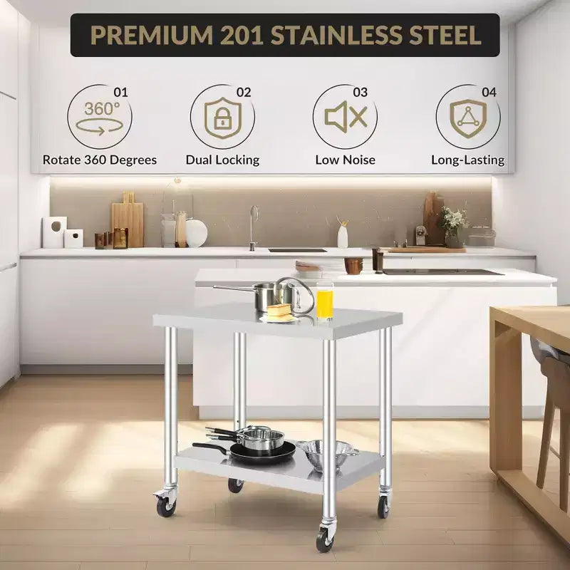Commercial Stainless Steel Work Table 24x36 Inch Mobile Prep Table with Adjustable Storage Shelf & Locking Wheels