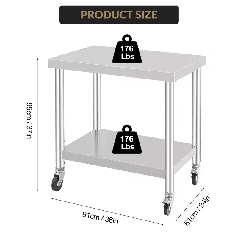 Commercial Stainless Steel Work Table 24x36 Inch Mobile Prep Table with Adjustable Storage Shelf & Locking Wheels