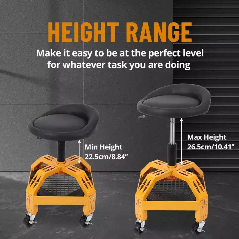Rolling Garage Stool, Padded Mechanic Stool, 300 LBS Capacity, Adjustable Height, 360 Swivel Wheels, Convenient Storage Shelf