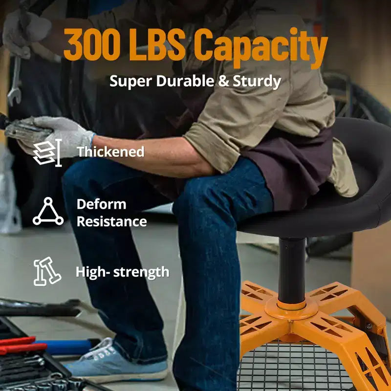 Rolling Garage Stool, Padded Mechanic Stool, 300 LBS Capacity, Adjustable Height, 360 Swivel Wheels, Convenient Storage Shelf