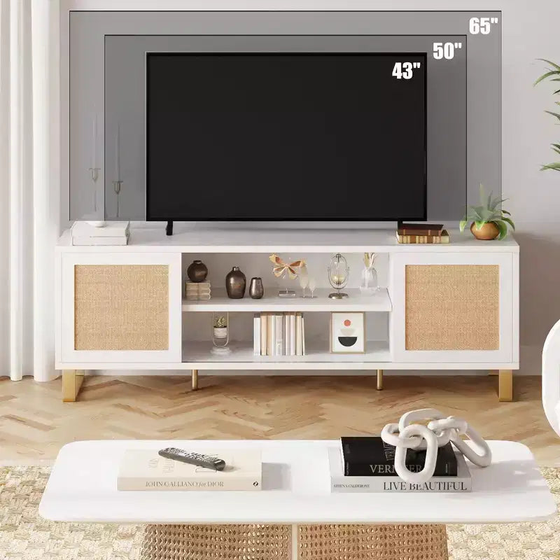 TV Stand for 65 Inch TV, White Entertainment Center Modern TV Console Table, Rattan TV Stand with Storage, Doors and Shelves