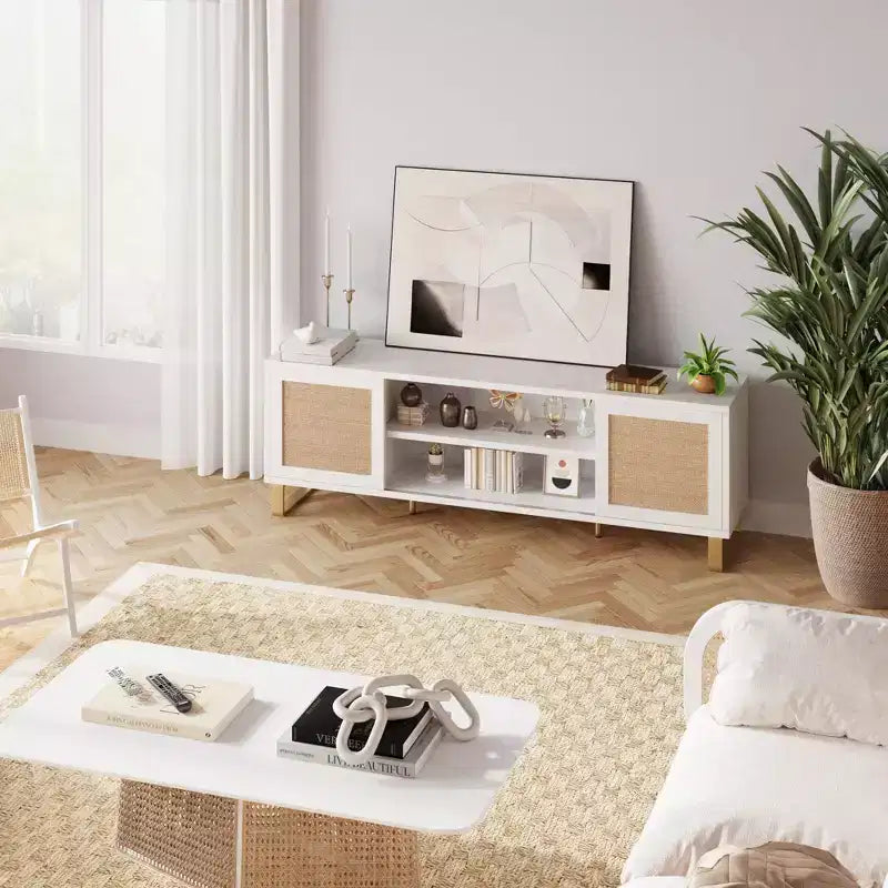 TV Stand for 65 Inch TV, White Entertainment Center Modern TV Console Table, Rattan TV Stand with Storage, Doors and Shelves
