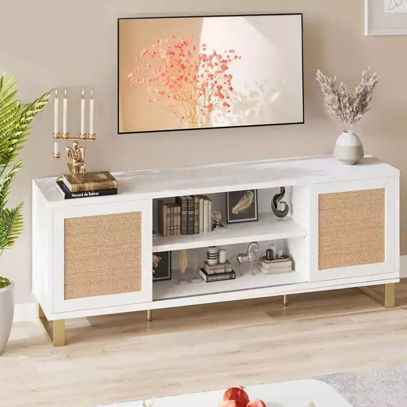 TV Stand for 65 Inch TV, White Entertainment Center Modern TV Console Table, Rattan TV Stand with Storage, Doors and Shelves