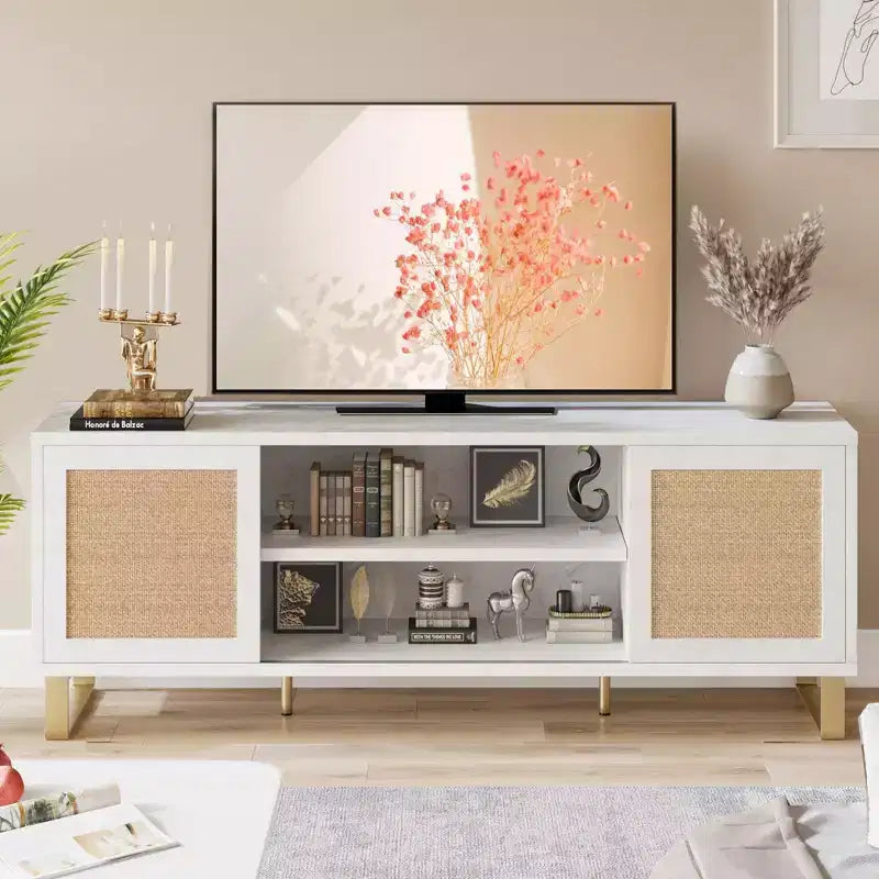 TV Stand for 65 Inch TV, White Entertainment Center Modern TV Console Table, Rattan TV Stand with Storage, Doors and Shelves