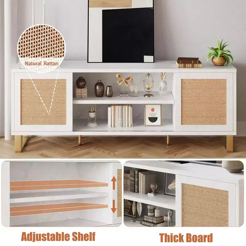 TV Stand for 65 Inch TV, White Entertainment Center Modern TV Console Table, Rattan TV Stand with Storage, Doors and Shelves