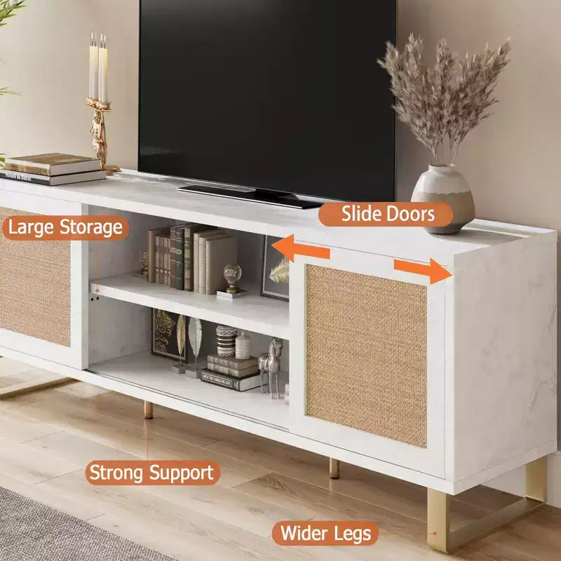 TV Stand for 65 Inch TV, White Entertainment Center Modern TV Console Table, Rattan TV Stand with Storage, Doors and Shelves