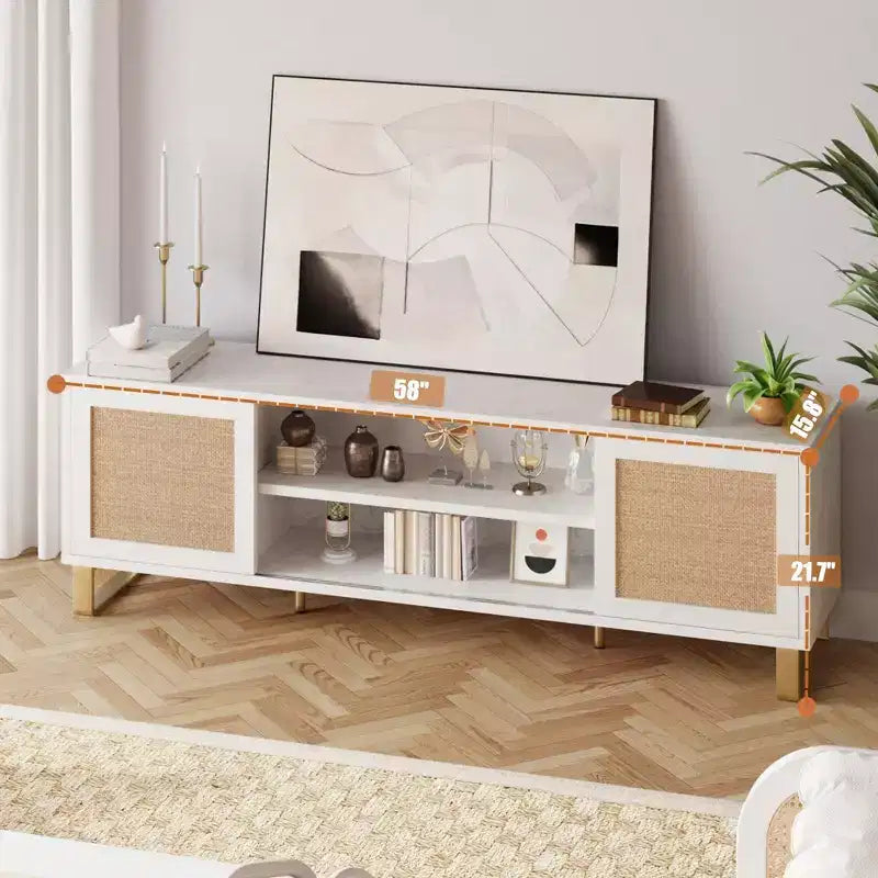 TV Stand for 65 Inch TV, White Entertainment Center Modern TV Console Table, Rattan TV Stand with Storage, Doors and Shelves