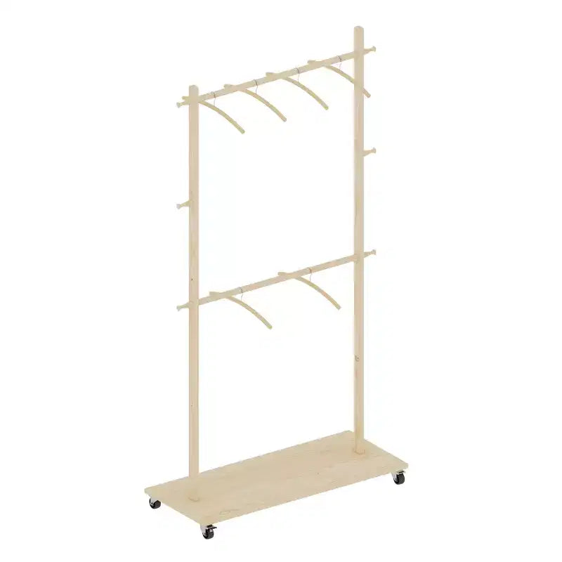 Wood Clothing Rack for Hanging Clothes, Freestanding Garment Rack with Wheels, Rolling Wardrobe Closet Rack, Clothes Storage Organizer for Bedroom
