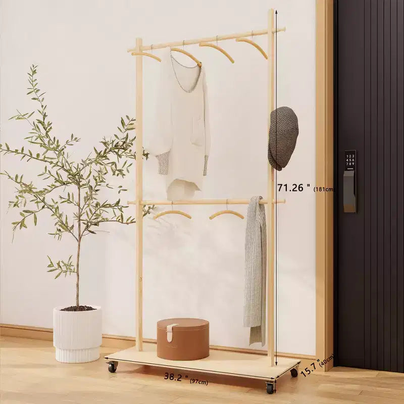 Wood Clothing Rack for Hanging Clothes, Freestanding Garment Rack with Wheels, Rolling Wardrobe Closet Rack, Clothes Storage Organizer for Bedroom