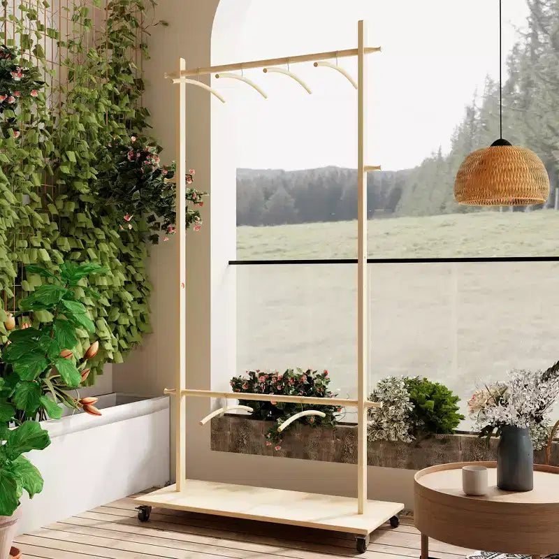 Wood Clothing Rack for Hanging Clothes, Freestanding Garment Rack with Wheels, Rolling Wardrobe Closet Rack, Clothes Storage Organizer for Bedroom