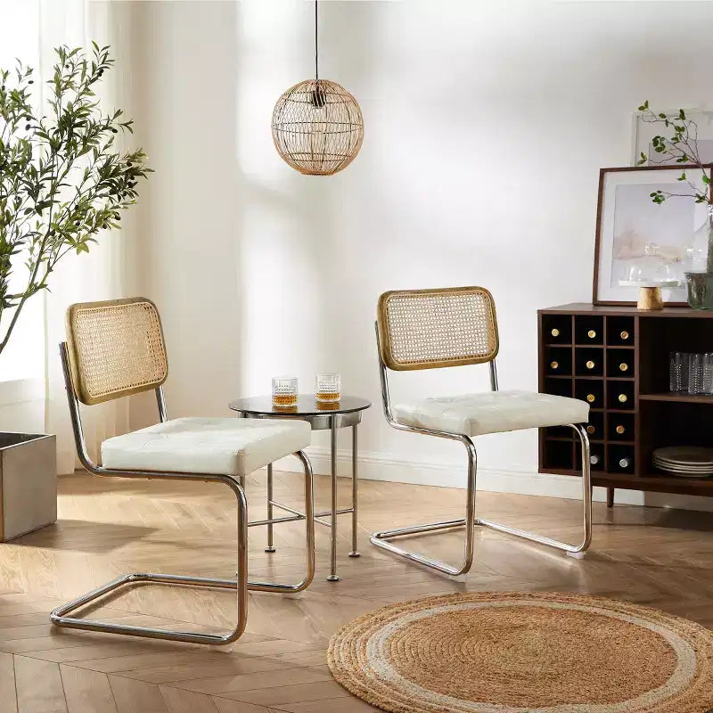 Faux Leather Seat and Wicker Cane Back Dining Chairs, Set of 2
