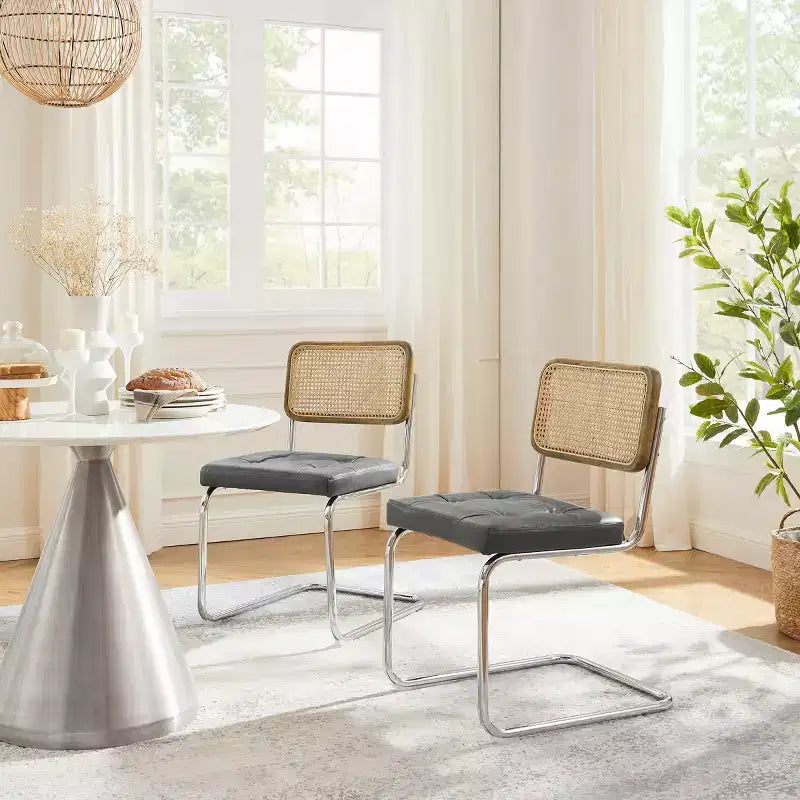 Faux Leather Seat and Wicker Cane Back Dining Chairs, Set of 2