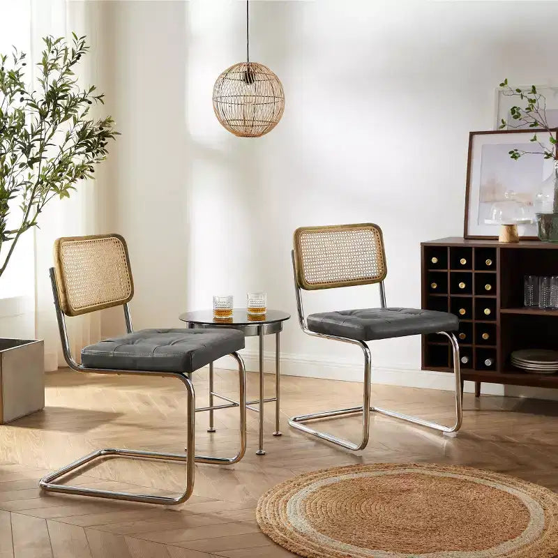 Faux Leather Seat and Wicker Cane Back Dining Chairs, Set of 2