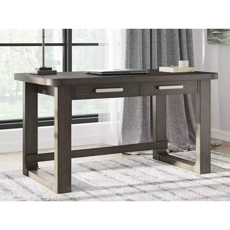 Home Office Desk with 2 Drawers - Dark Brown Wood Finish and Cord Management Cutout