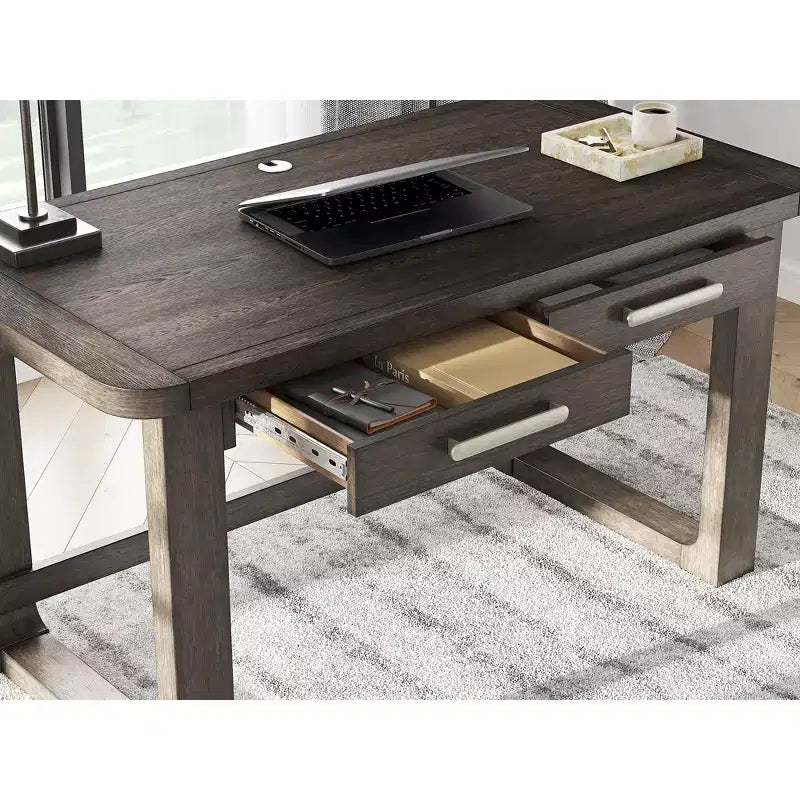 Home Office Desk with 2 Drawers - Dark Brown Wood Finish and Cord Management Cutout