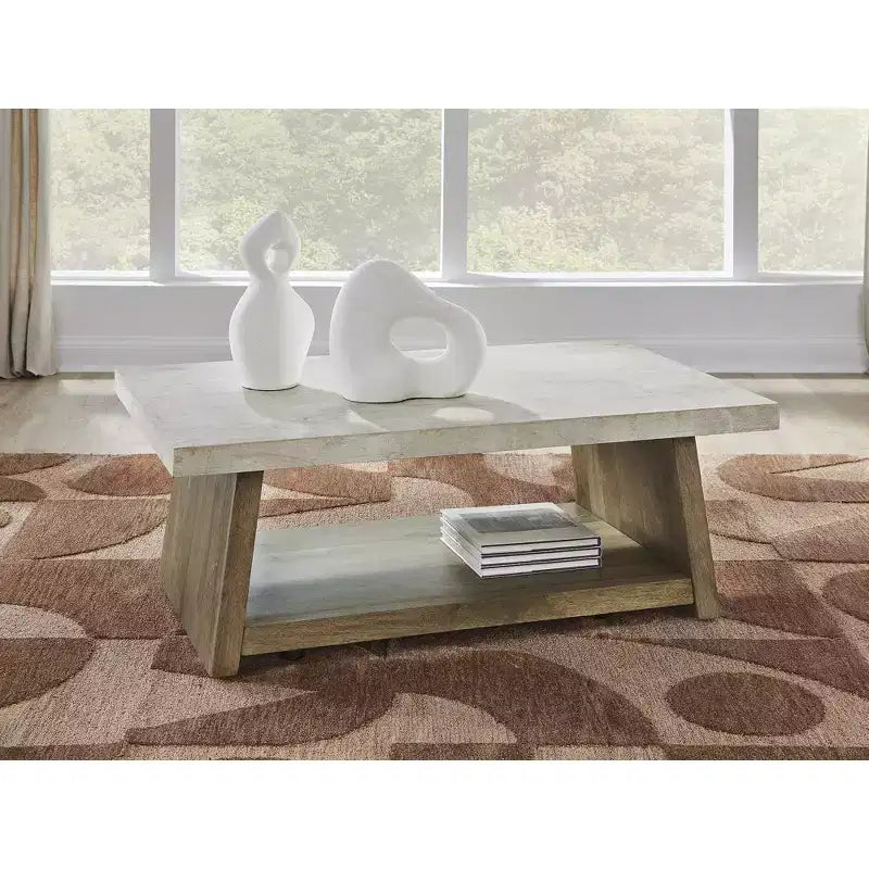 Coffee Table - Light Brown Wood with Faux Cement Top, Rolling Casters, Bottom Shelf Storage