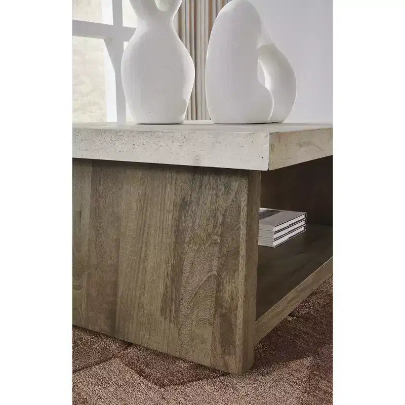 Coffee Table - Light Brown Wood with Faux Cement Top, Rolling Casters, Bottom Shelf Storage