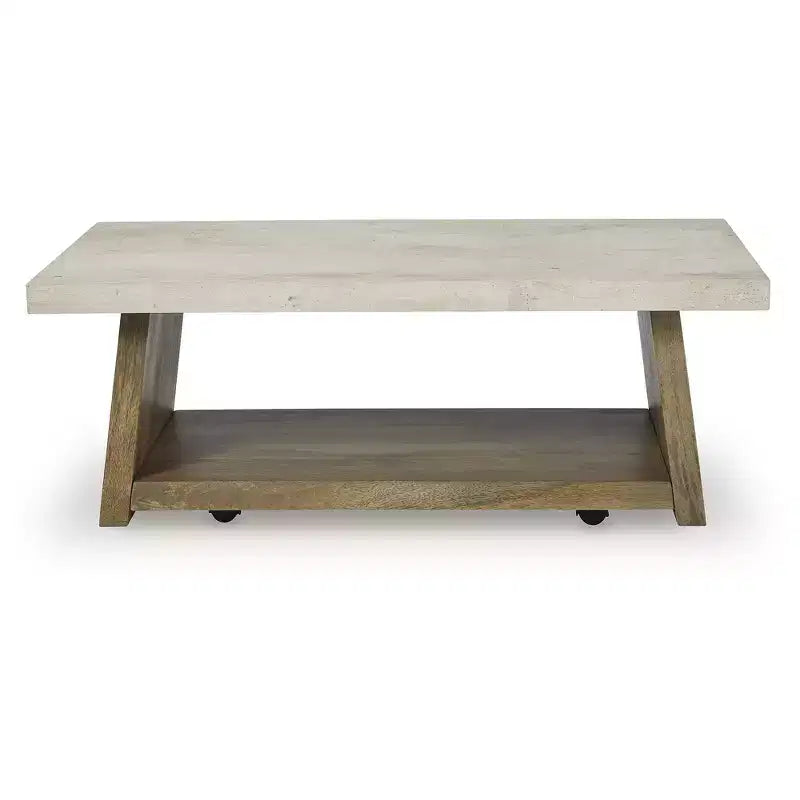 Coffee Table - Light Brown Wood with Faux Cement Top, Rolling Casters, Bottom Shelf Storage