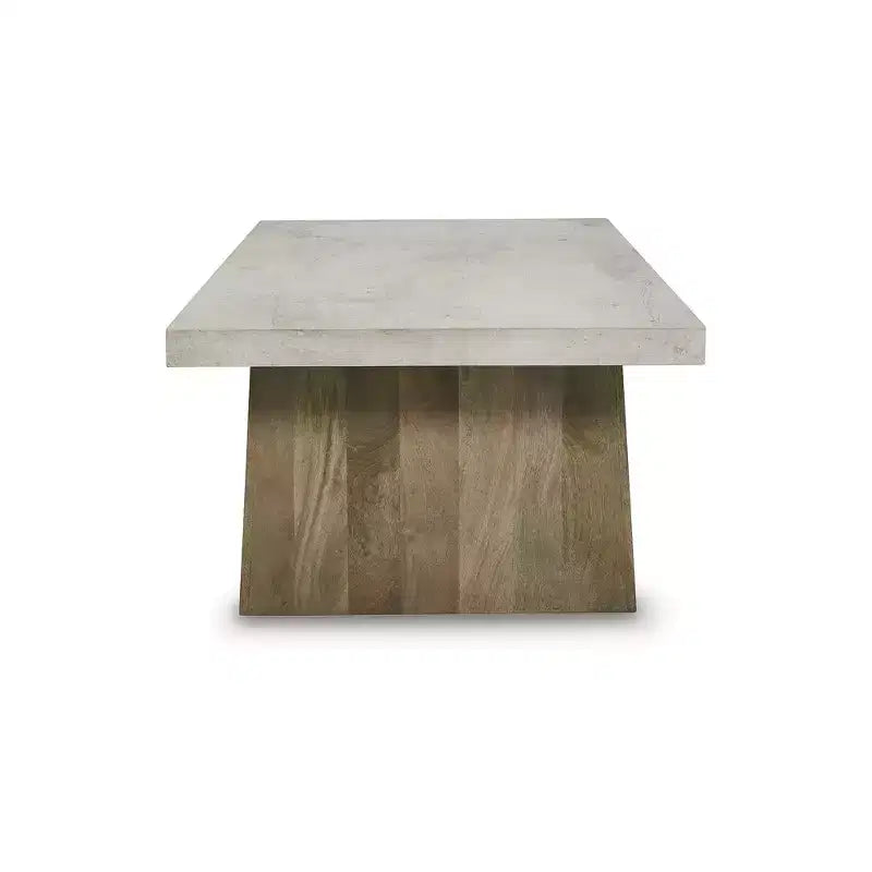 Coffee Table - Light Brown Wood with Faux Cement Top, Rolling Casters, Bottom Shelf Storage