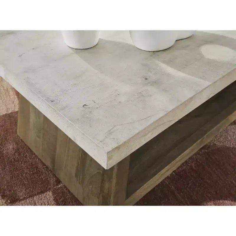 Coffee Table - Light Brown Wood with Faux Cement Top, Rolling Casters, Bottom Shelf Storage
