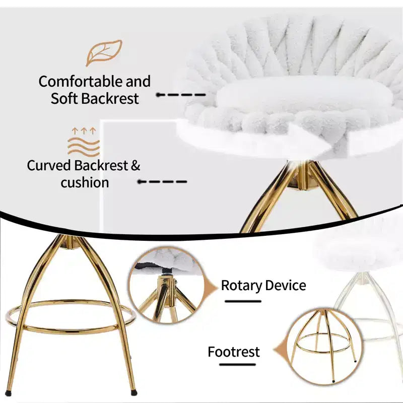 2 Piece Set of White Swivel Bar Stools with Teddy Fleece and Electro - Plated Gold Iron Legs