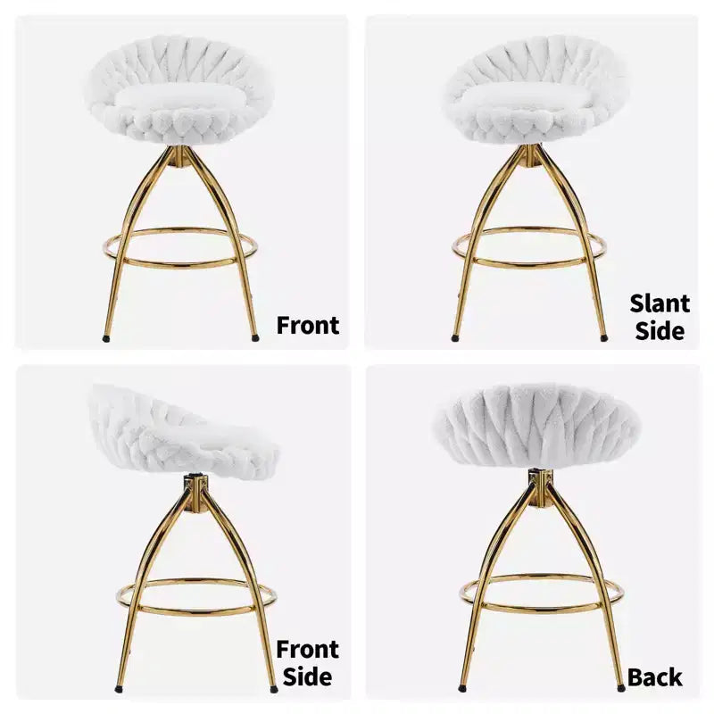 2 Piece Set of White Swivel Bar Stools with Teddy Fleece and Electro - Plated Gold Iron Legs