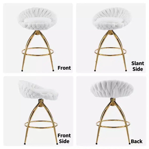 2 Piece Set of White Swivel Bar Stools with Teddy Fleece and Electro - Plated Gold Iron Legs