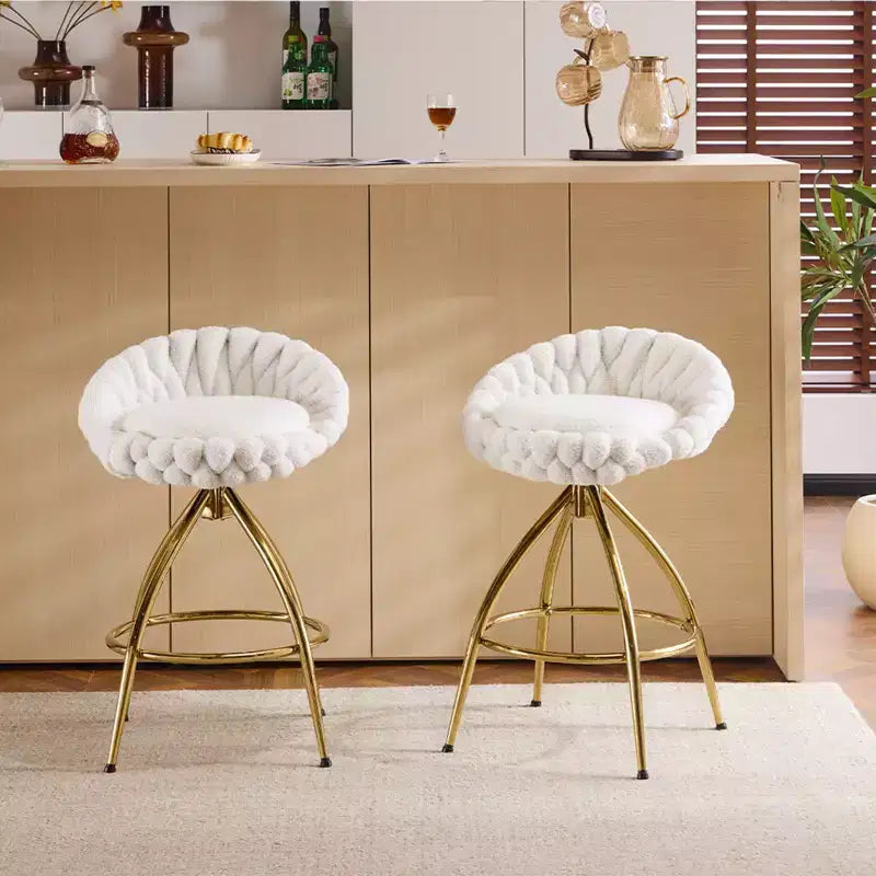 2 Piece Set of White Swivel Bar Stools with Teddy Fleece and Electro - Plated Gold Iron Legs