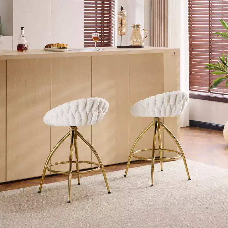2 Piece Set of White Swivel Bar Stools with Teddy Fleece and Electro - Plated Gold Iron Legs