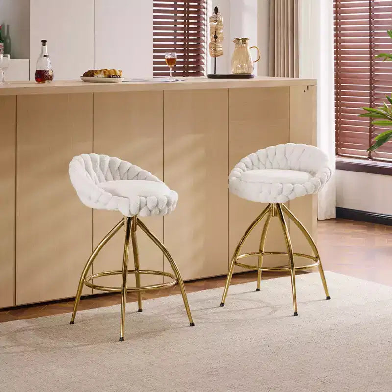 2 Piece Set of White Swivel Bar Stools with Teddy Fleece and Electro - Plated Gold Iron Legs