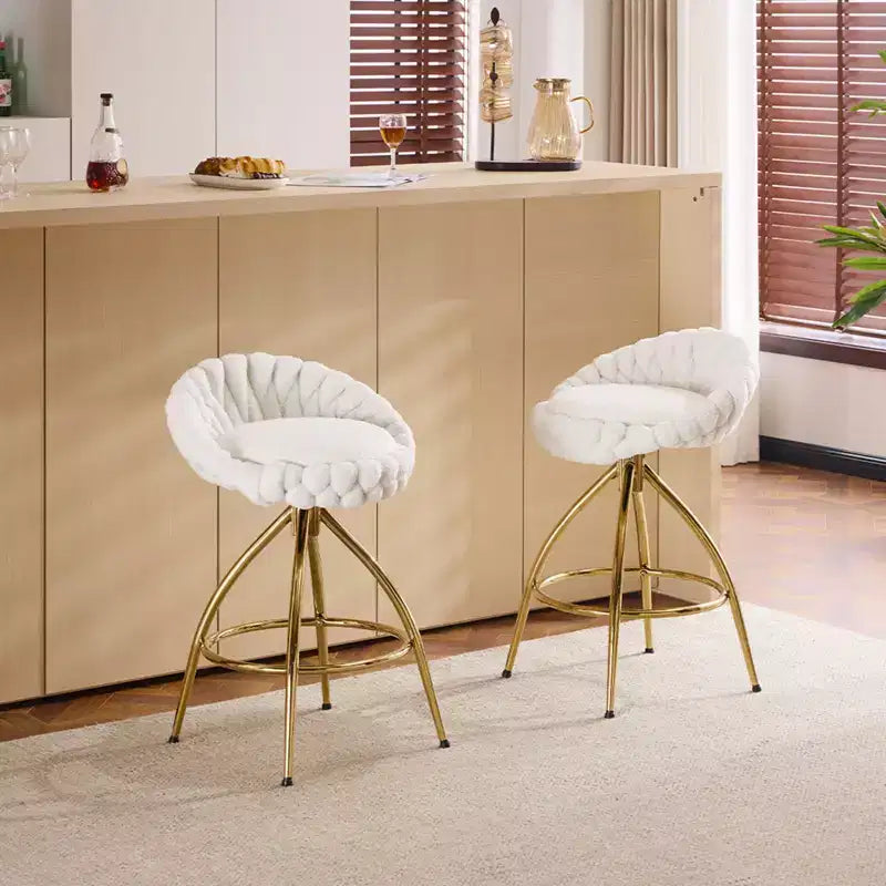 2 Piece Set of White Swivel Bar Stools with Teddy Fleece and Electro - Plated Gold Iron Legs
