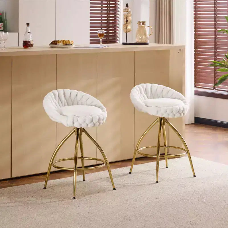 2 Piece Set of White Swivel Bar Stools with Teddy Fleece and Electro - Plated Gold Iron Legs