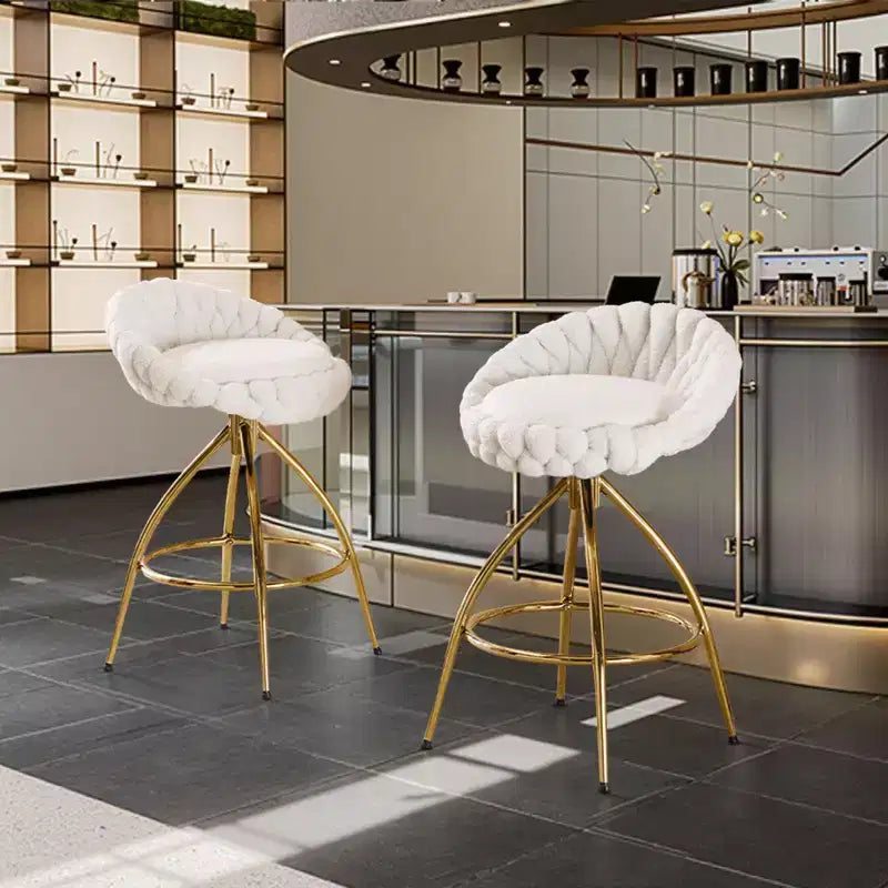 2 Piece Set of White Swivel Bar Stools with Teddy Fleece and Electro - Plated Gold Iron Legs