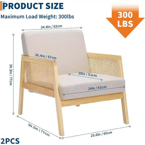 2PCS Mid Century Modern Accent Chair, Comfy Chairs with Sturdy Wood Legs, Rattan Backrest & Beige Thick Linen Cushion,for Bedroom Balcony