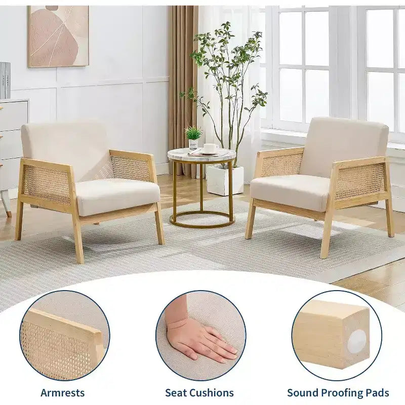 2PCS Mid Century Modern Accent Chair, Comfy Chairs with Sturdy Wood Legs, Rattan Backrest & Beige Thick Linen Cushion,for Bedroom Balcony