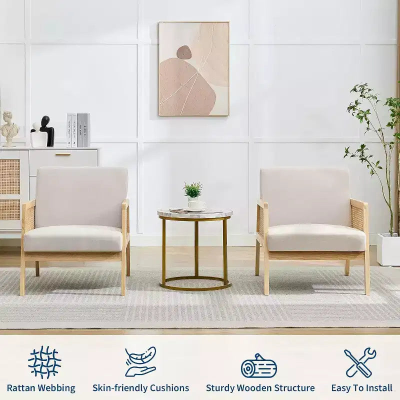 2PCS Mid Century Modern Accent Chair, Comfy Chairs with Sturdy Wood Legs, Rattan Backrest & Beige Thick Linen Cushion,for Bedroom Balcony