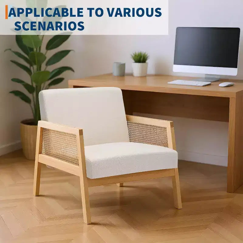 2PCS Mid Century Modern Accent Chair, Comfy Chairs with Sturdy Wood Legs, Rattan Backrest & Beige Thick Linen Cushion,for Bedroom Balcony