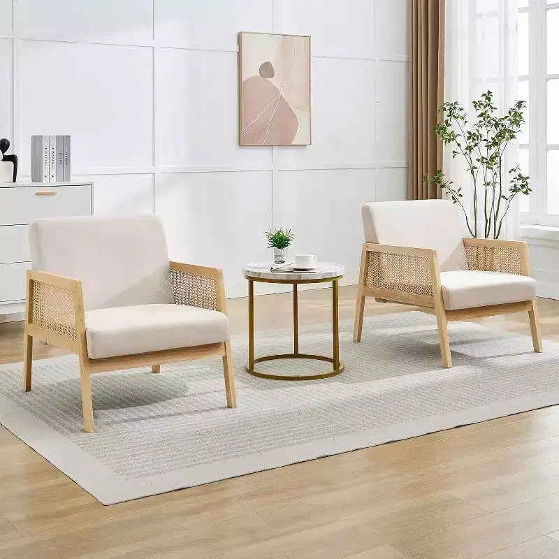 2PCS Mid Century Modern Accent Chair, Comfy Chairs with Sturdy Wood Legs, Rattan Backrest & Beige Thick Linen Cushion,for Bedroom Balcony