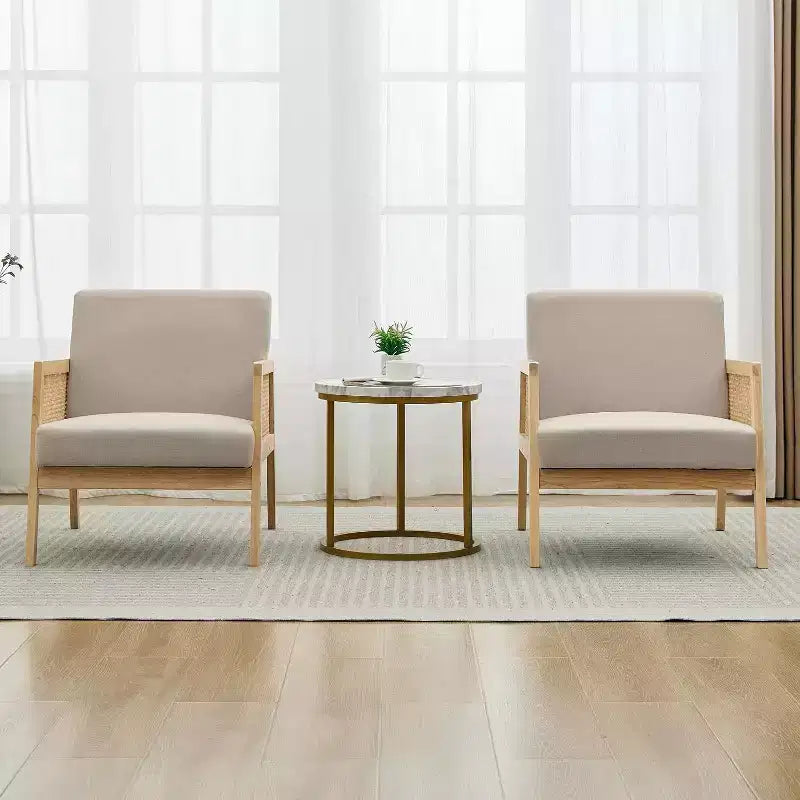 2PCS Mid Century Modern Accent Chair, Comfy Chairs with Sturdy Wood Legs, Rattan Backrest & Beige Thick Linen Cushion,for Bedroom Balcony