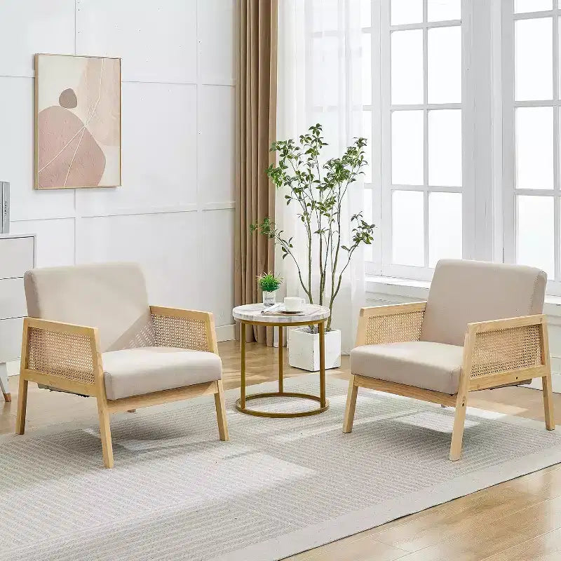 2PCS Mid Century Modern Accent Chair, Comfy Chairs with Sturdy Wood Legs, Rattan Backrest & Beige Thick Linen Cushion,for Bedroom Balcony