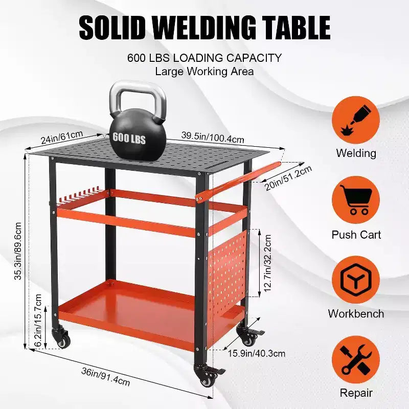 Portable Rolling Welding Table 36x24 Steel Top with Pegboard, 5/8-Inch Holes, Tool Slots, Storage Shelf, 1200LB Capacity, Orange
