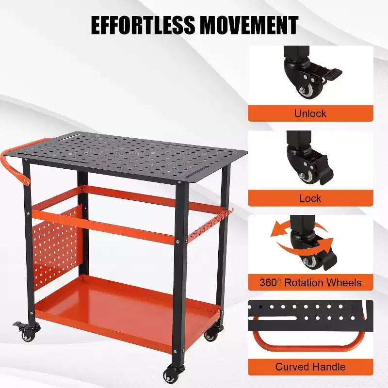 Portable Rolling Welding Table 36x24 Steel Top with Pegboard, 5/8-Inch Holes, Tool Slots, Storage Shelf, 1200LB Capacity, Orange