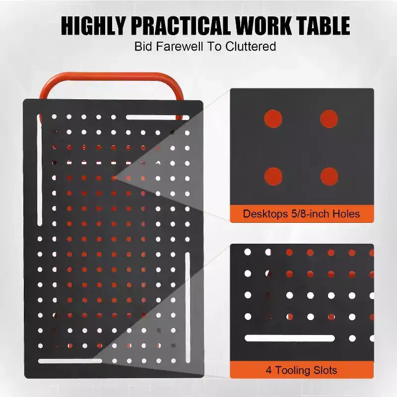 Portable Rolling Welding Table 36x24 Steel Top with Pegboard, 5/8-Inch Holes, Tool Slots, Storage Shelf, 1200LB Capacity, Orange