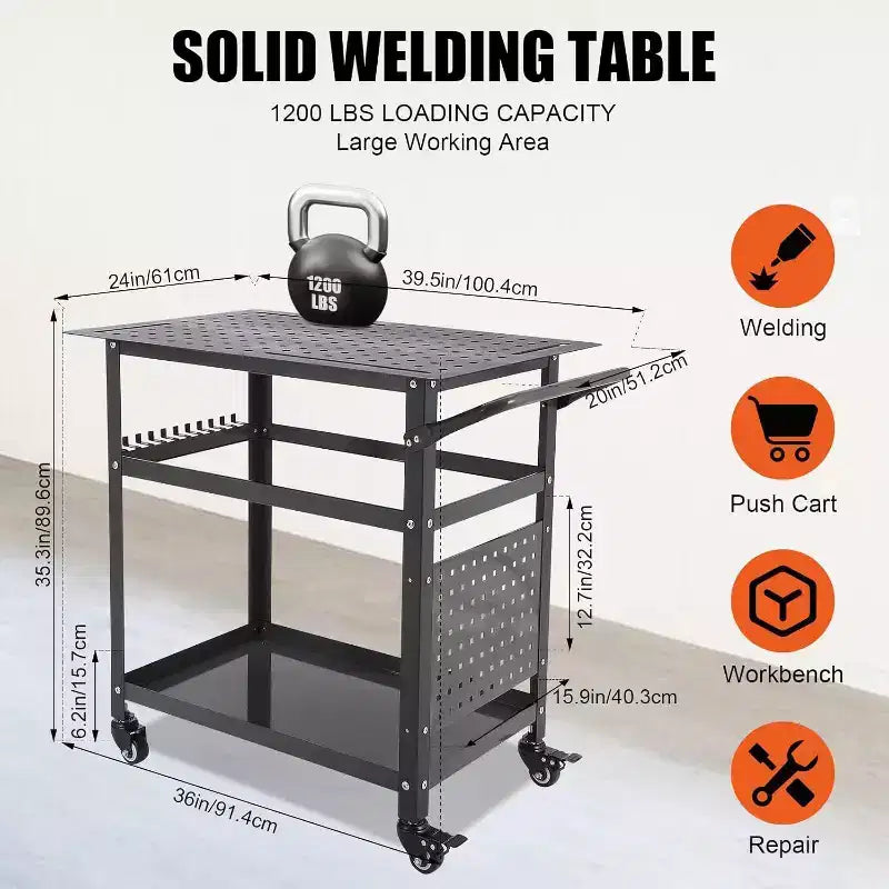 Portable Rolling Welding Table 36x24 Steel Top with Pegboard, 5/8-Inch Holes, Tool Slots, Storage Shelf, 1200LB Capacity, Orange