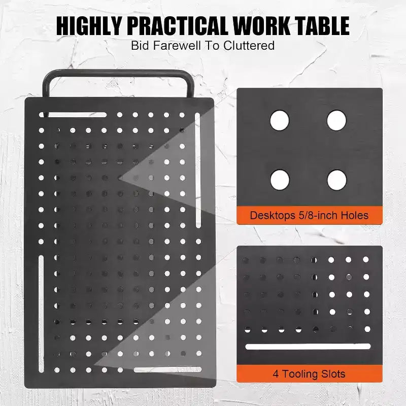 Portable Rolling Welding Table 36x24 Steel Top with Pegboard, 5/8-Inch Holes, Tool Slots, Storage Shelf, 1200LB Capacity, Orange